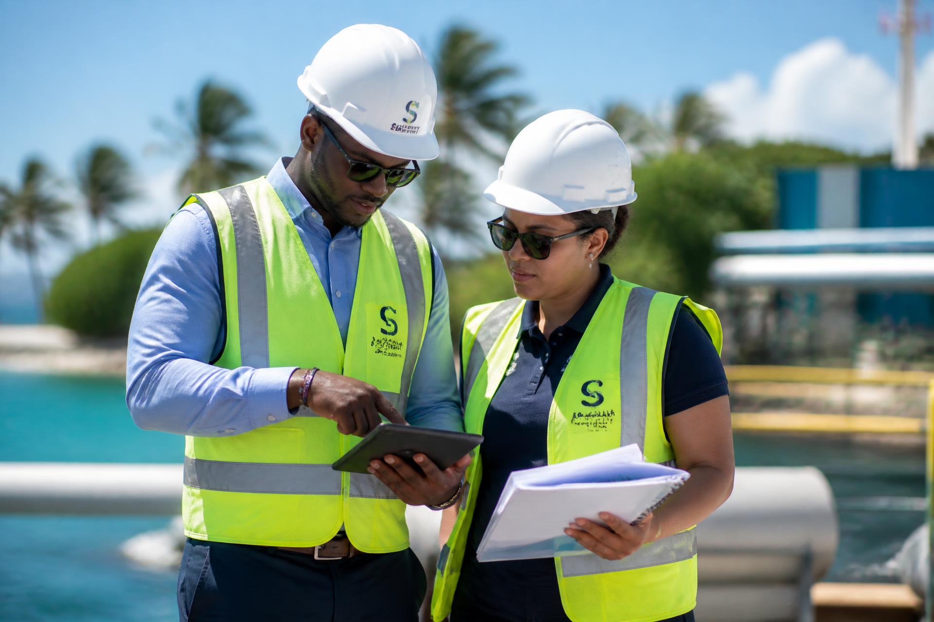 Deux consultants QHSE équipés de gilets et de casques analysant des données sur un site industriel aux Antilles