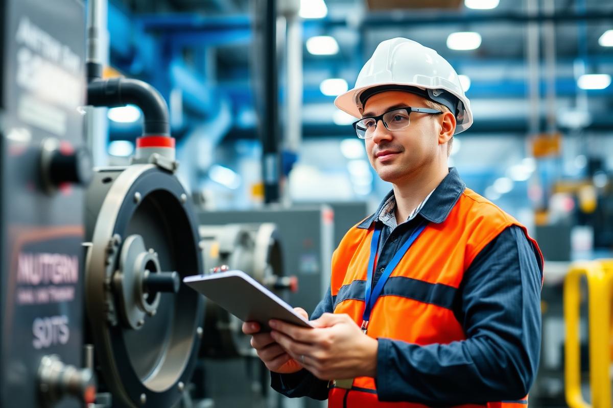 Technicien réalisant une inspection de sécurité dans un atelier industriel