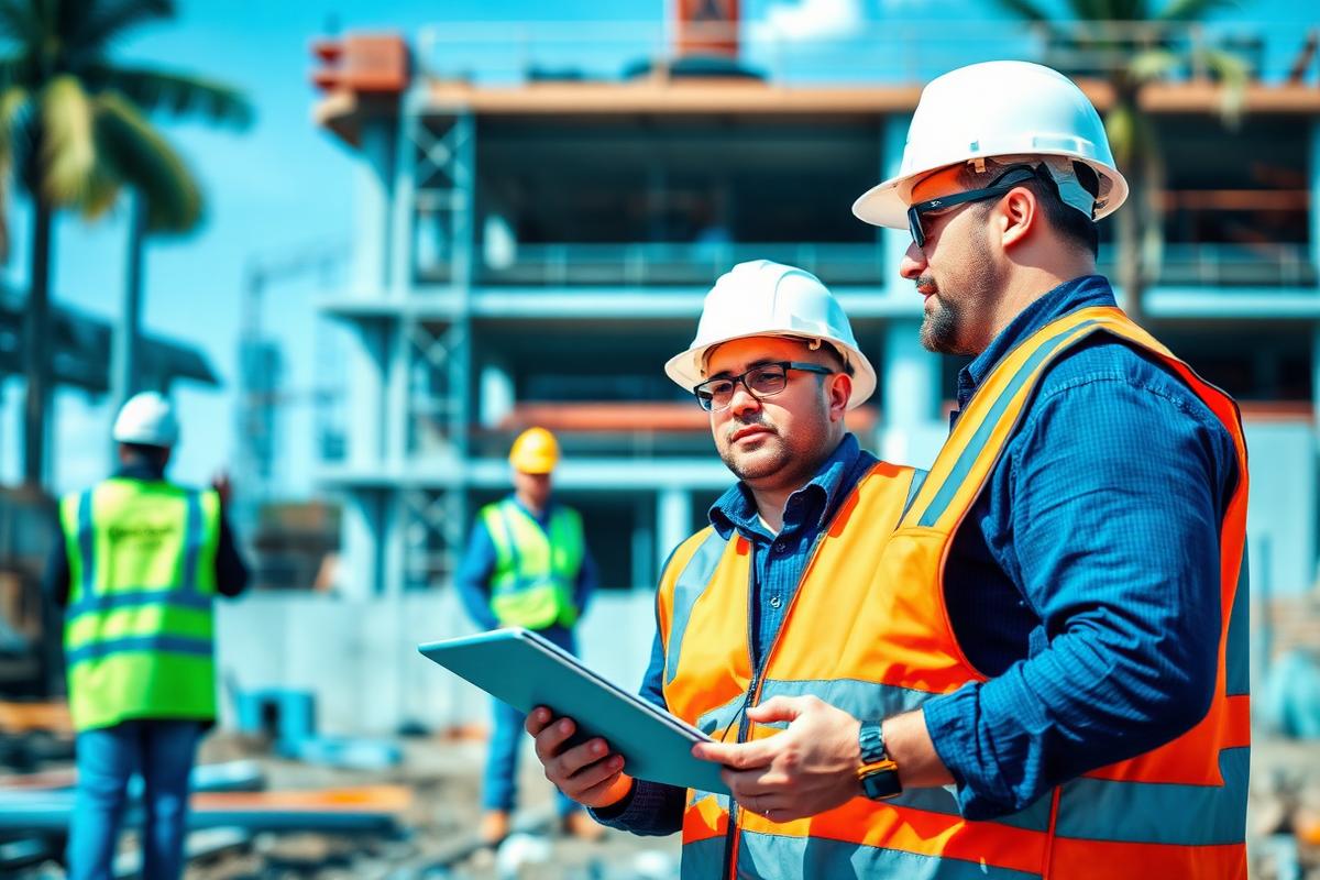 Conducteur de travaux échangeant avec des ouvriers sur un chantier